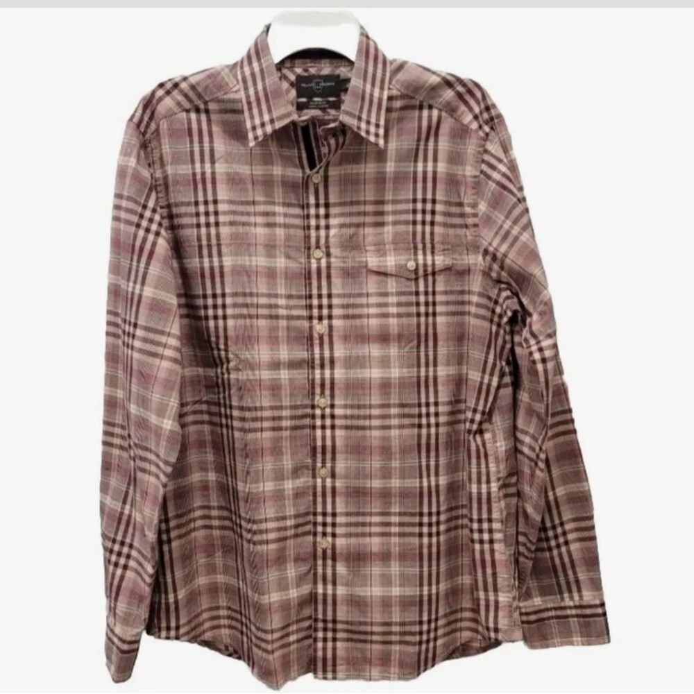 Black Brown 1826 men's tailored fit Button Down Plaid Long sleeve shirt size L